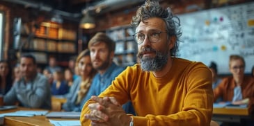 Attentive man in yellow sweater at a meeting.