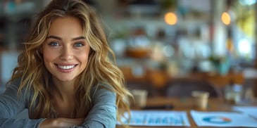 Smiling woman with wavy blonde hair.