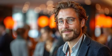 Man with glasses and beard smiling at event.