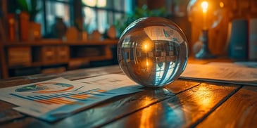 Glass sphere reflecting documents on desk.