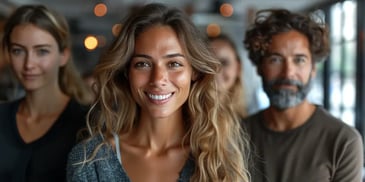 Smiling woman with group in background.