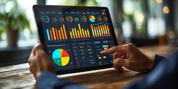 Person analyzing data on a tablet screen.