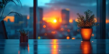 Two potted plants on a table at sunset.