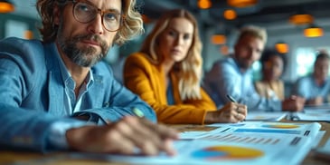 Business team analyzing charts in meeting.