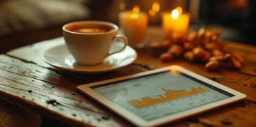 Coffee, tablet with charts, and candles.