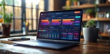 Laptop displaying analytics dashboard on desk.