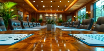 Boardroom table with documents and plants.