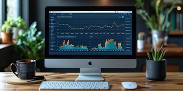 Desktop computer displaying financial graphs.