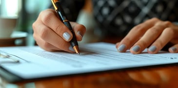 Person signing a document with a pen.