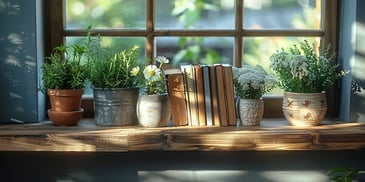 Books and potted plants on windowsill.