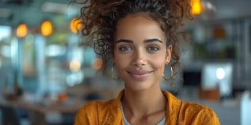 Smiling woman in office, curly hair.