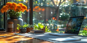 Laptop on a wooden table with a vase of orange flowers, potted plants, and notebooks, overlooking a sunny, lush garden through large windows.