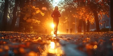 Person jogging in park at sunset.