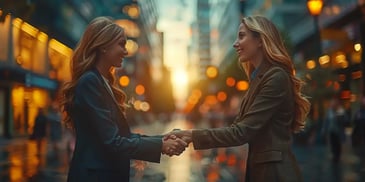 Two professional women shaking hands in a city street at sunset.