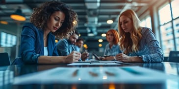 Focused group of professionals in a modern office, working on documents and laptops at a large table.