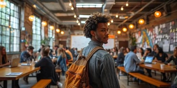 A young man with a backpack looking back in a vibrant, well-lit workspace.