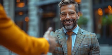 Smiling man in a plaid suit with an orange tie, reaching out to shake hands outdoors.