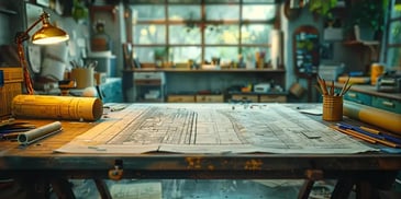 Architect's workspace with detailed blueprints spread on a wooden table.