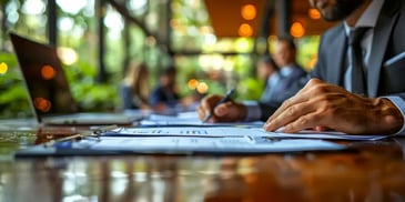 Businessman reviewing documents in a meeting.