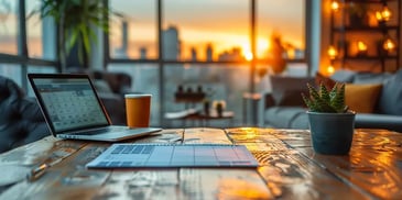 Laptop, coffee cup, and notepad on a wooden desk with a potted plant, city skyline view at sunset through large windows.
