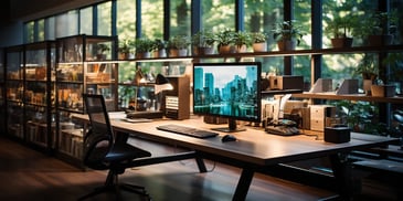 a desk with a computer and a lamp