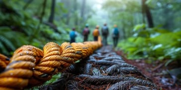 Close-up of thick, wet ropes leading into a lush, misty forest with a group of hikers wearing helmets and backpacks in the background.