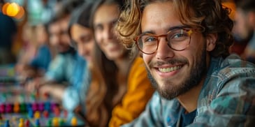 Smiling man with glasses and curly hair sitting in a row of people, engaging with board games in a lively, warmly lit setting.