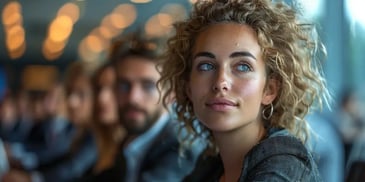 Young woman with curly hair and hoop earrings, looking thoughtful in a softly lit setting with blurred people in the background.