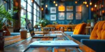 Laptop, coffee cup, and documents on a rustic wooden table in an office.