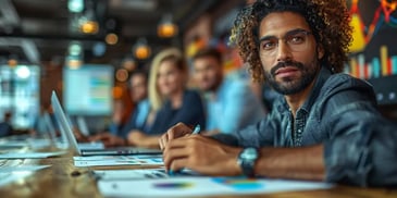 Focused man with curly hair and glasses, working on documents at a table.