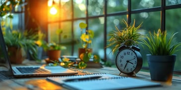 Desk with plants, clock, and tablet.