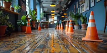 Row of orange traffic cones on a wet wooden floor in a stylish indoor space with potted plants and framed pictures on the walls.