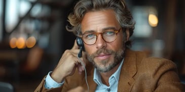 Man with headset and glasses in office.