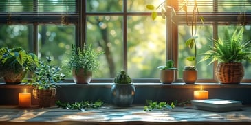 Windowsill adorned with potted plants and candles, and a lush green garden outside.