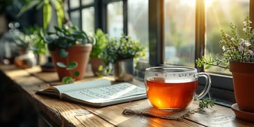 Cup of tea on a wooden windowsill with an open notebook and potted plants, basking in warm sunlight.