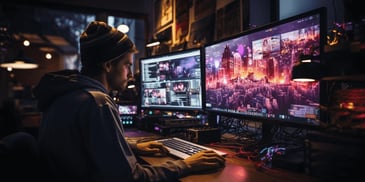 a person sitting at a desk with multiple monitors